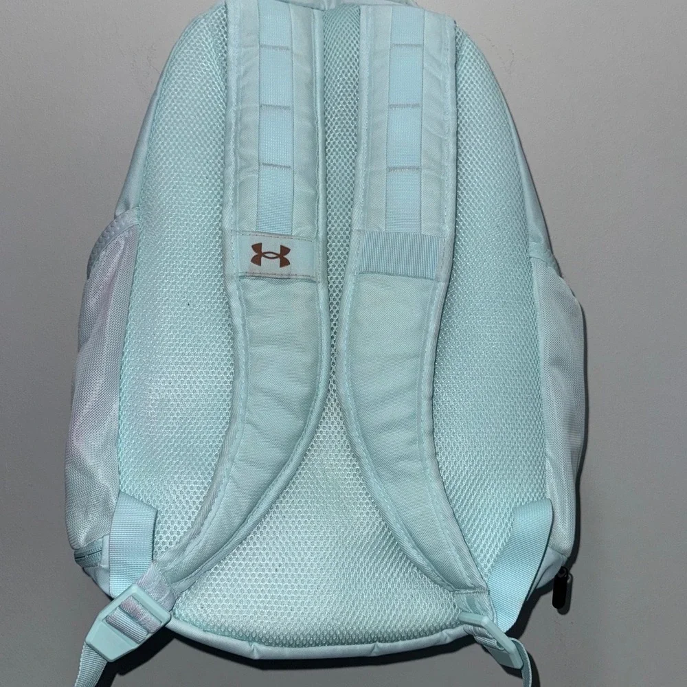 Under Armour Hustle 5.0 Backpack Light Blue Rose Gold UA Storm School Gym Bag